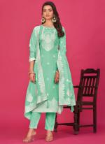 Pure Organza Teal Casual Wear Jacquard Work Straight Suit